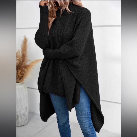 Cozy Mock Neck Dolman Sleeve High Low Hem knit Sweater Cape - Picture 8 of 16